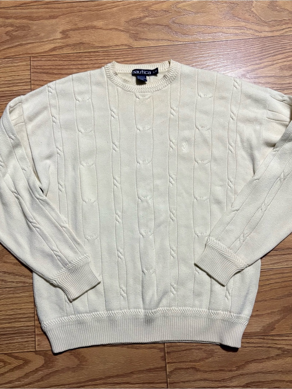 Vintage 90s Nautica Cream Cable Knit Sweater Men’s Large 100% Cotton Preppy